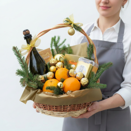 Подарочная корзина с конфетами и шампанским